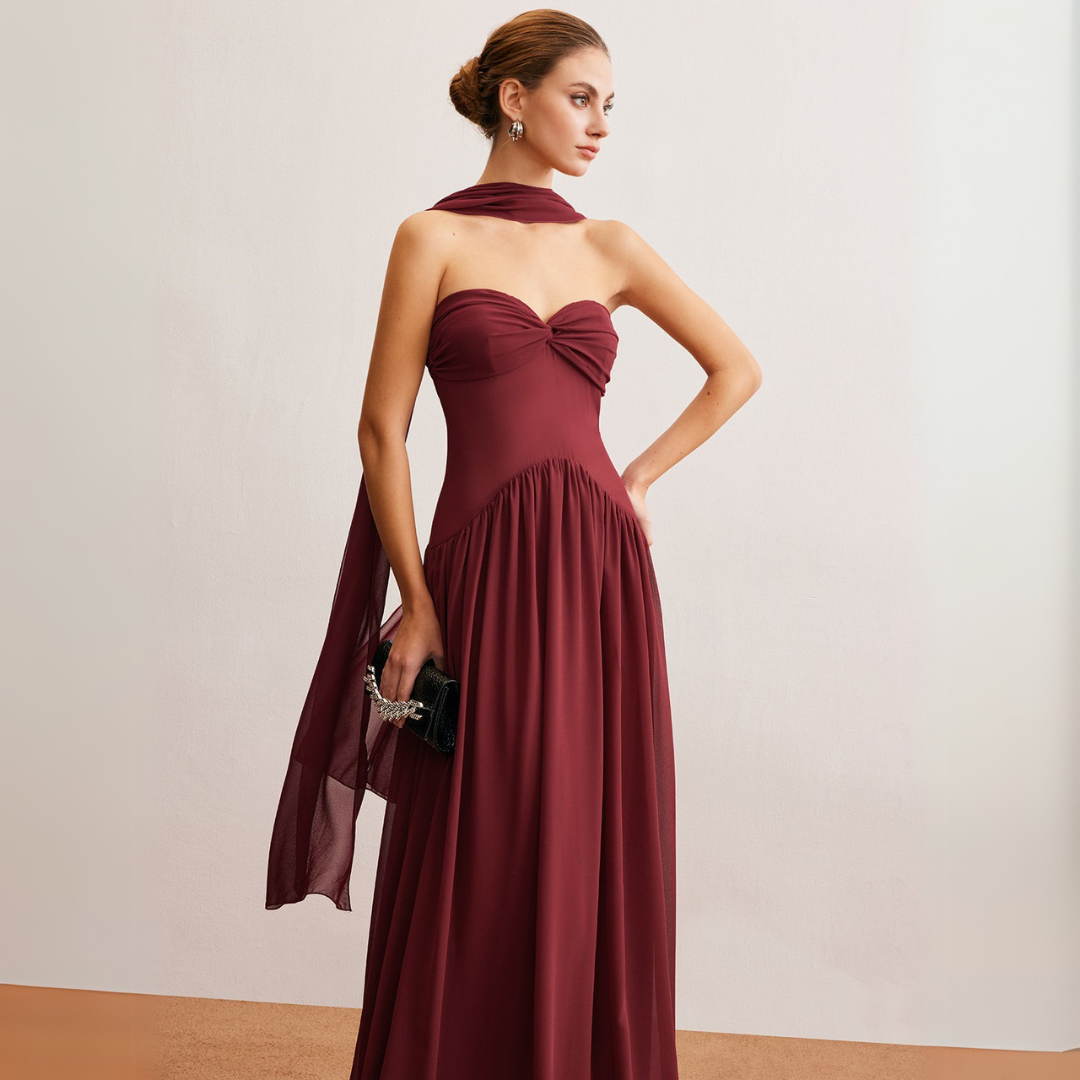 Women's Chiffon Maxi Dress - Strapless Sweetheart Neckline - Flowy A-Line Silhouette