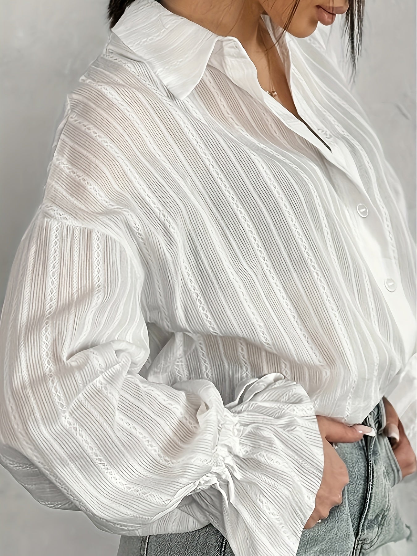 Women's - Long Sleeve Linen Blouse - Collared & Semi-Transparent Shirt - Stylish Women's Top