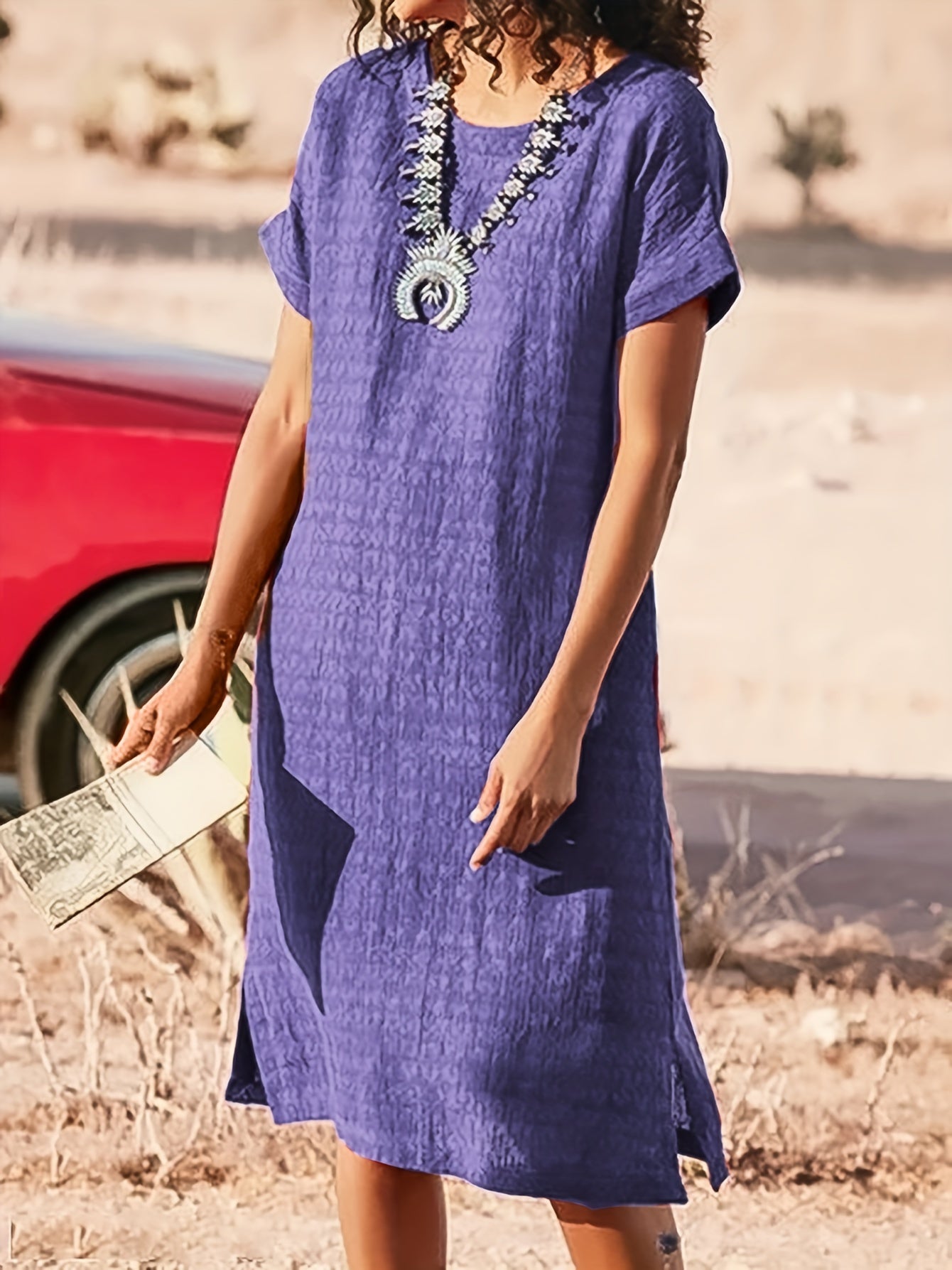 Women's Midi Dress - Loose Fit - Short Sleeve - Round Neck - Textured Breathable Fabric