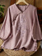 Women's - Linen Shirt - Women's 3/4 Sleeves, Pearl Buttons & Embroidery, Retro Style with Slanted Hem
