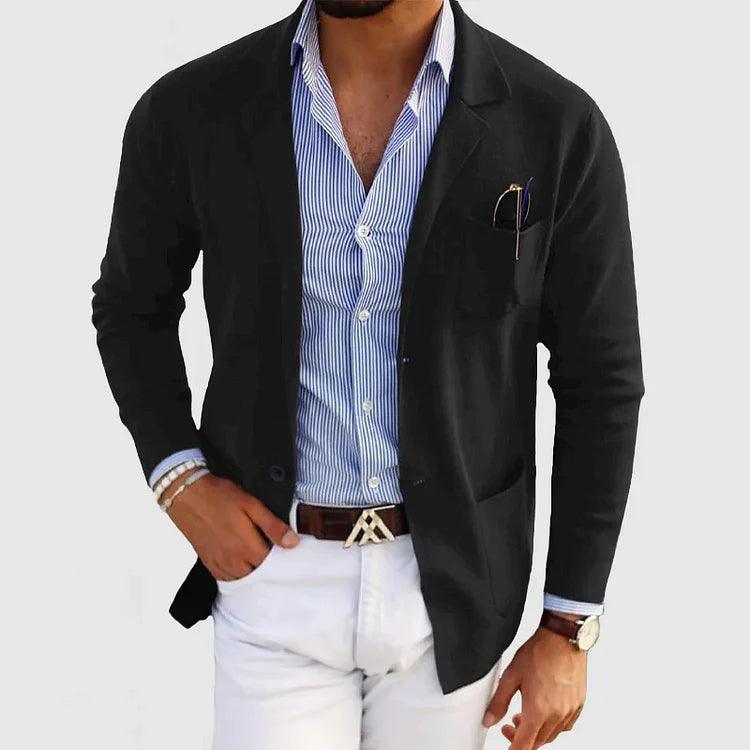 Elegant men's cardigan with pockets and lapel collar, solid color, long sleeves