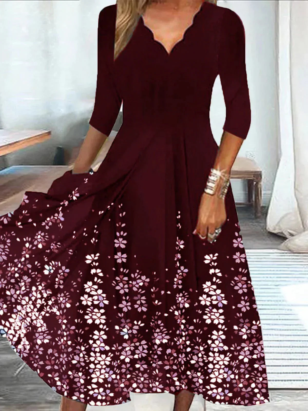 Women's Midi Dress - Scalloped V-Neck - Three-Quarter Sleeve - A-Line Floral Pattern