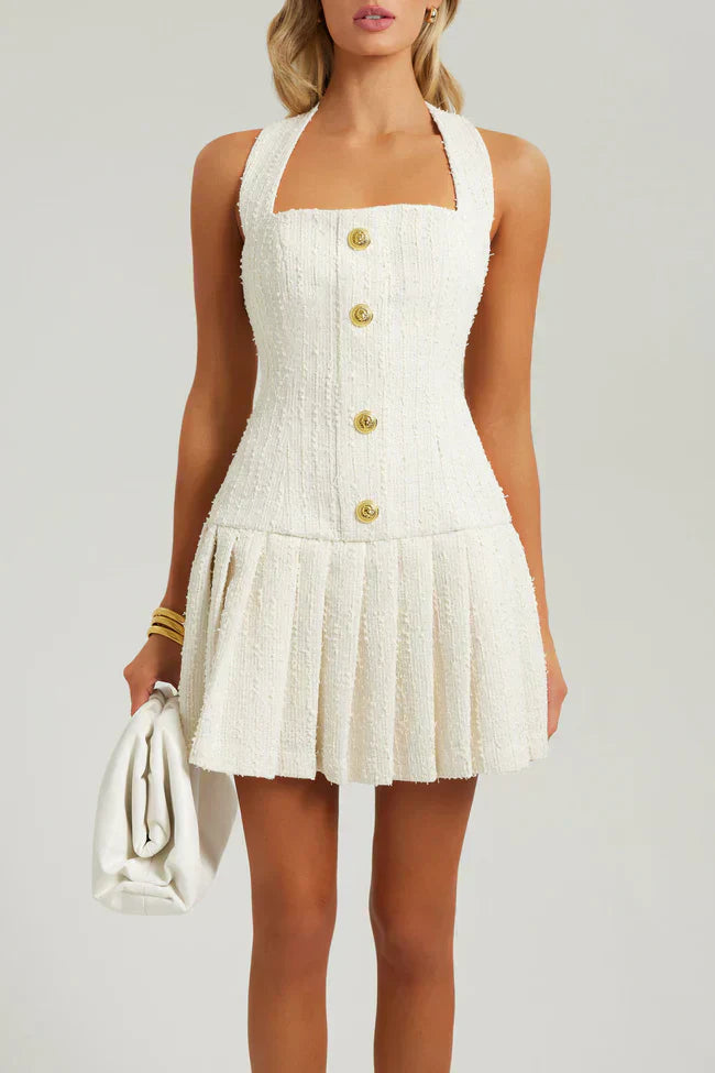Women's Sleeveless Mini Dress - Square Neck - Tweed Textured - Button Front Elegant Fit