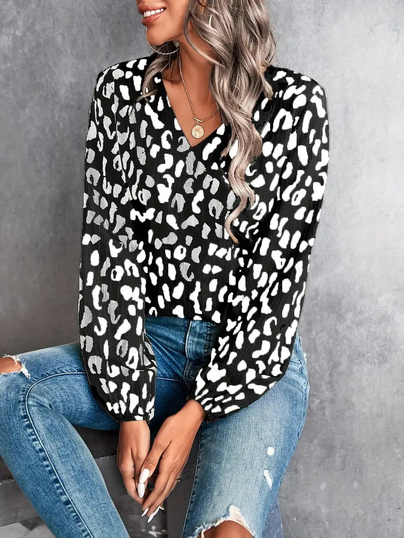 Women's - V-neck Style Blouse - Leopard Pattern - Trendy and Stylish Top for Any Occasion