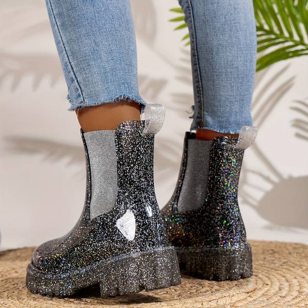 Women's Platform Ankle Boots - Glitter Finish - Chunky Heel - Lace-Up Stylish Footwear