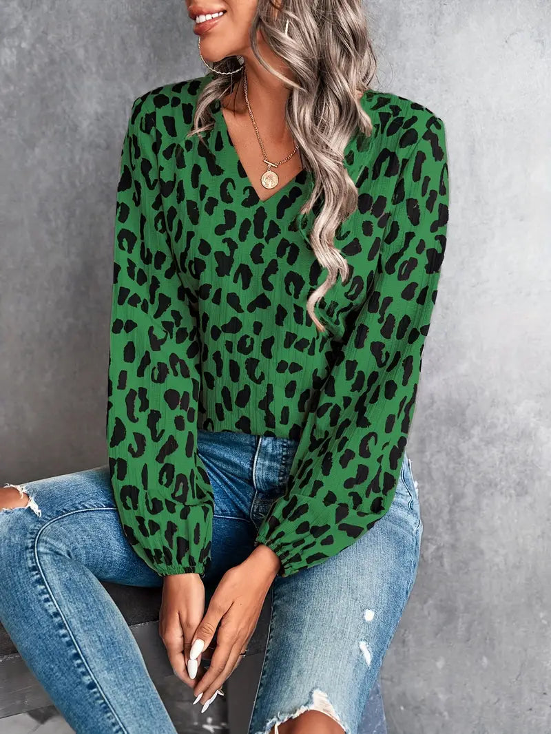 Women's - V-neck Style Blouse - Leopard Pattern - Trendy and Stylish Top for Any Occasion