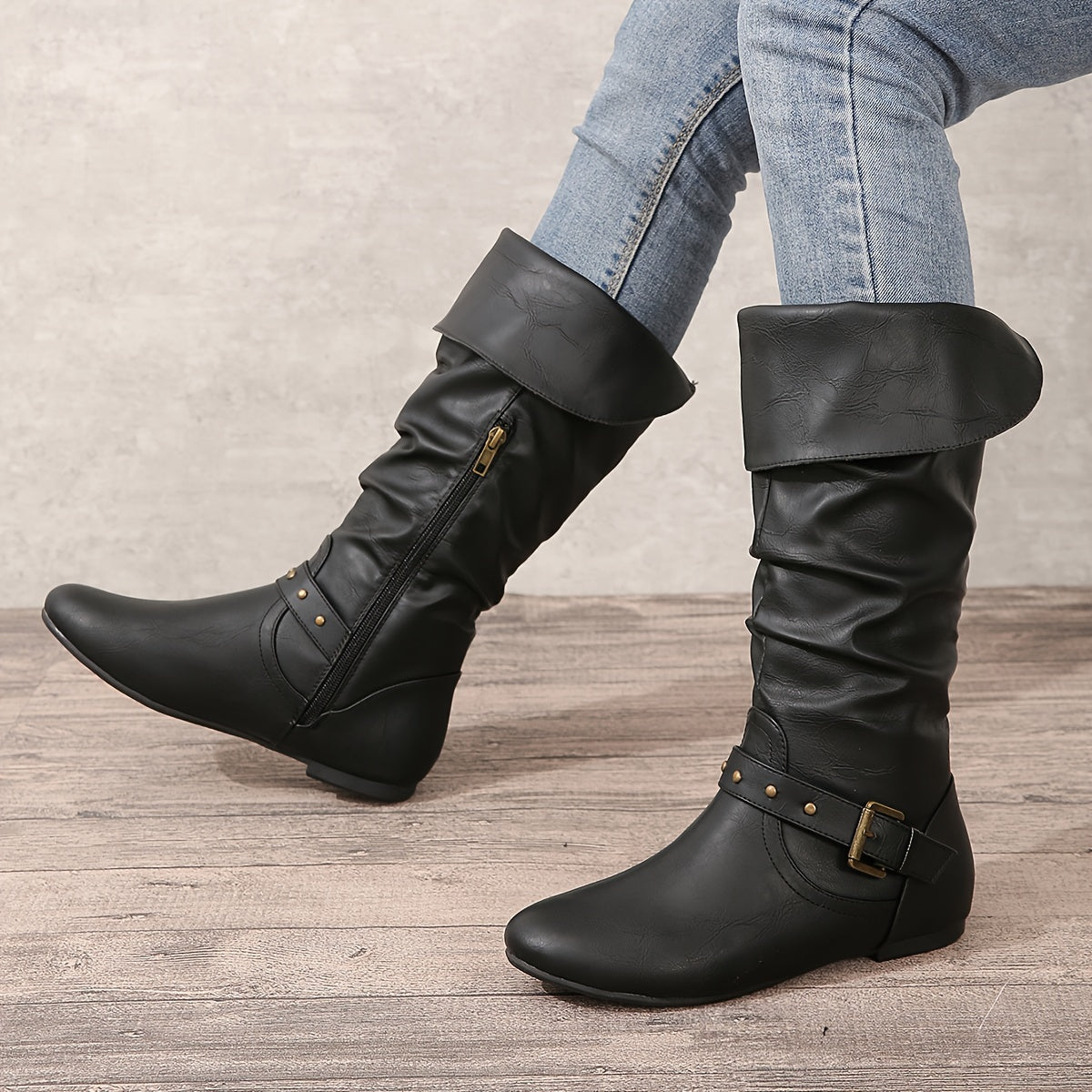 Retro Chic Pleated Knee-High Women's Boots with Buckle Detail