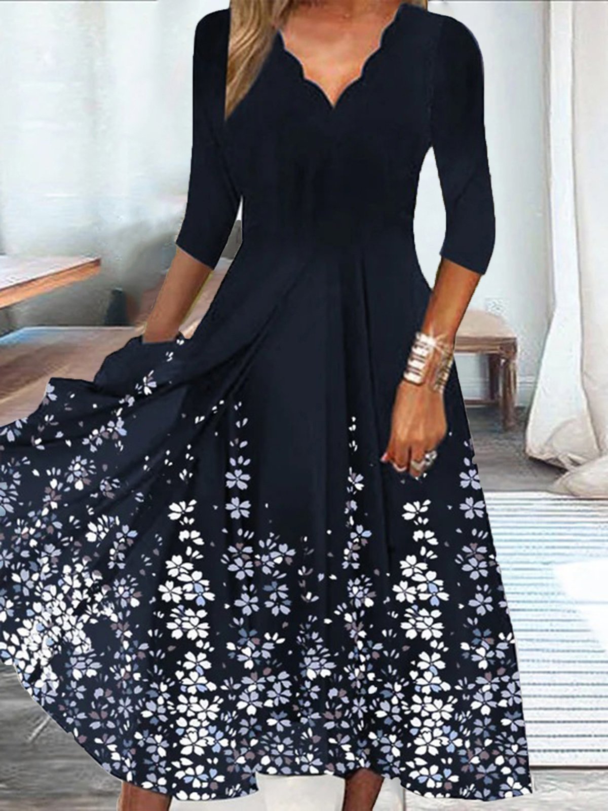 Women's Midi Dress - Scalloped V-Neck - Three-Quarter Sleeve - A-Line Floral Pattern