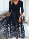 Women's Midi Dress - Scalloped V-Neck - Three-Quarter Sleeve - A-Line Floral Pattern