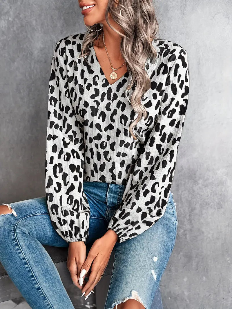 Women's - V-neck Style Blouse - Leopard Pattern - Trendy and Stylish Top for Any Occasion