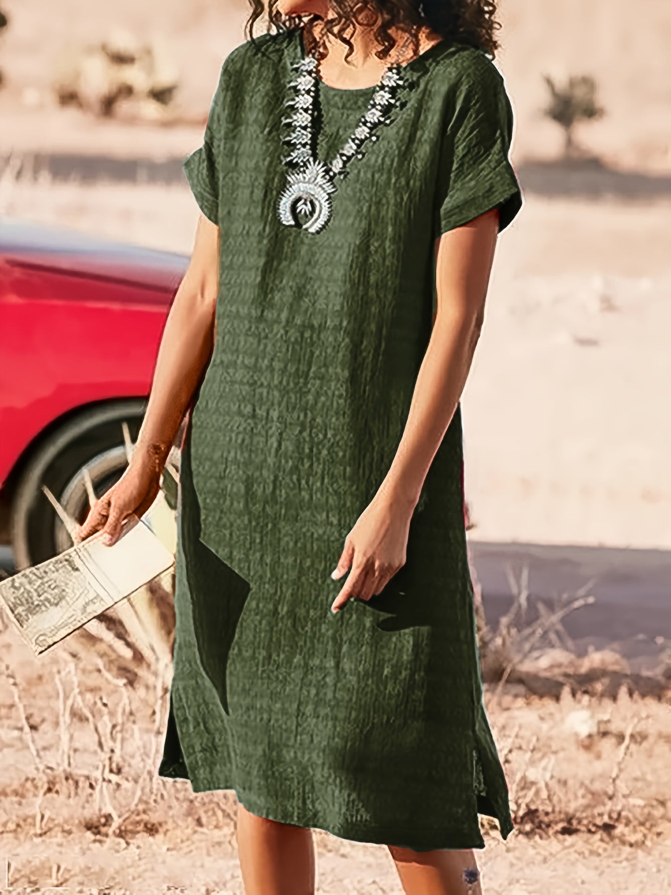 Women's Midi Dress - Loose Fit - Short Sleeve - Round Neck - Textured Breathable Fabric