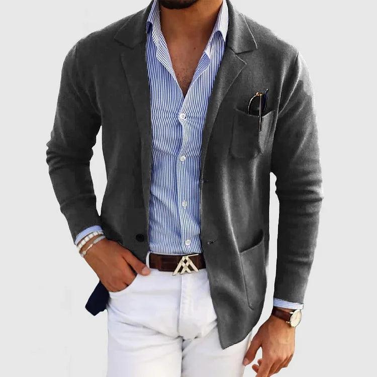 Elegant men's cardigan with pockets and lapel collar, solid color, long sleeves