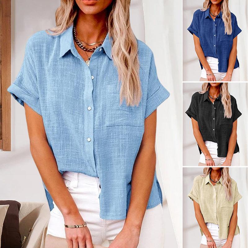 Women's - Relaxed linen blouse with short sleeves