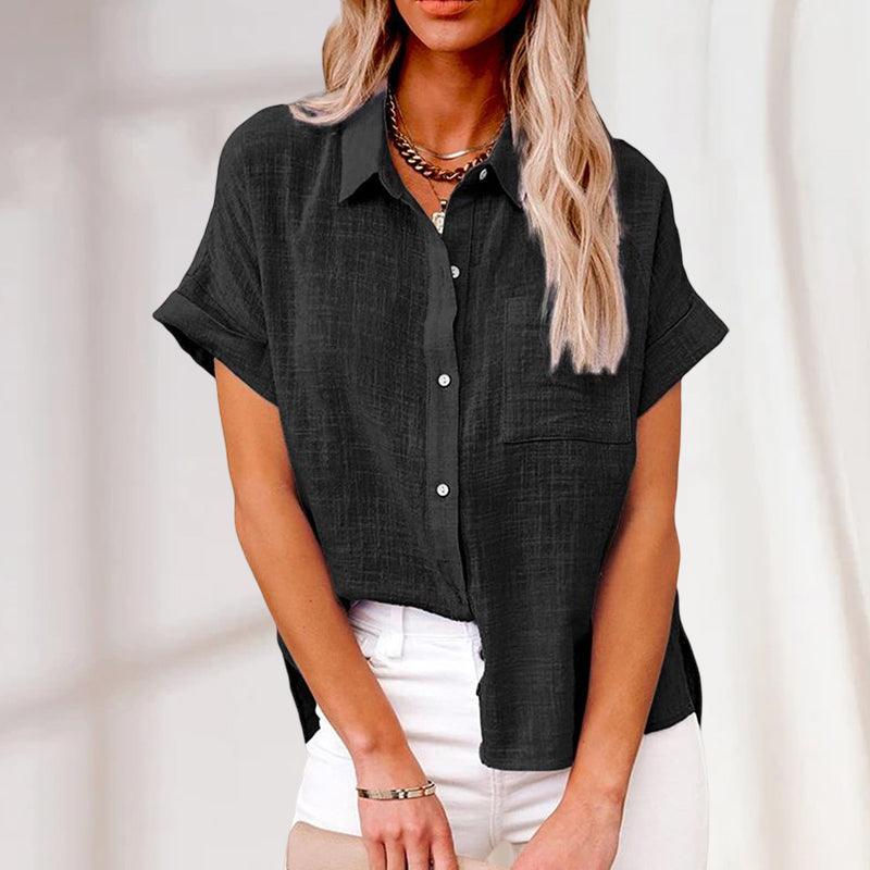 Women's - Relaxed linen blouse with short sleeves