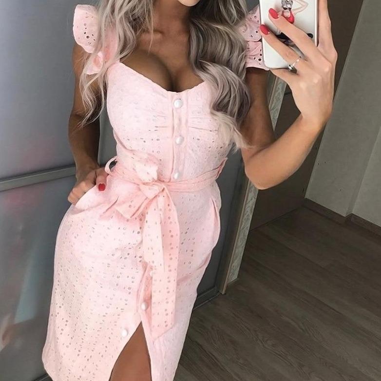 Women's Eyelet Midi Dress - Sweetheart Neckline - Ruffle Sleeves - Belted Waist