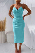 Women's Strapless Midi Dress - Sweetheart Neckline - Ruched Bodycon Elegant Fit