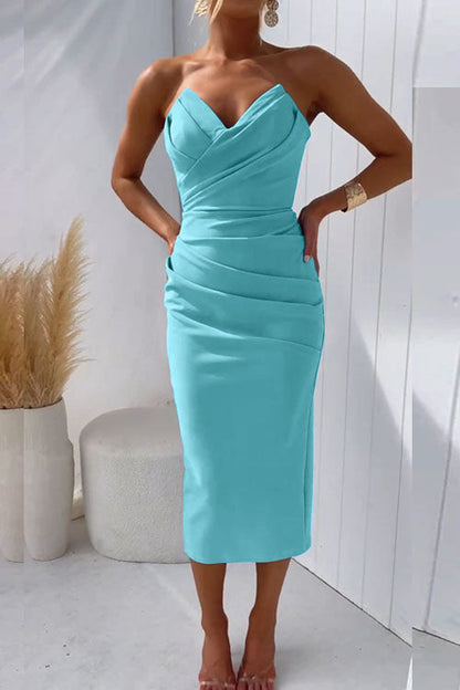 Women's Strapless Midi Dress - Sweetheart Neckline - Ruched Bodycon Elegant Fit