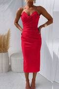 Women's Strapless Midi Dress - Sweetheart Neckline - Ruched Bodycon Elegant Fit