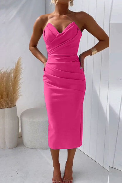 Women's Strapless Midi Dress - Sweetheart Neckline - Ruched Bodycon Elegant Fit