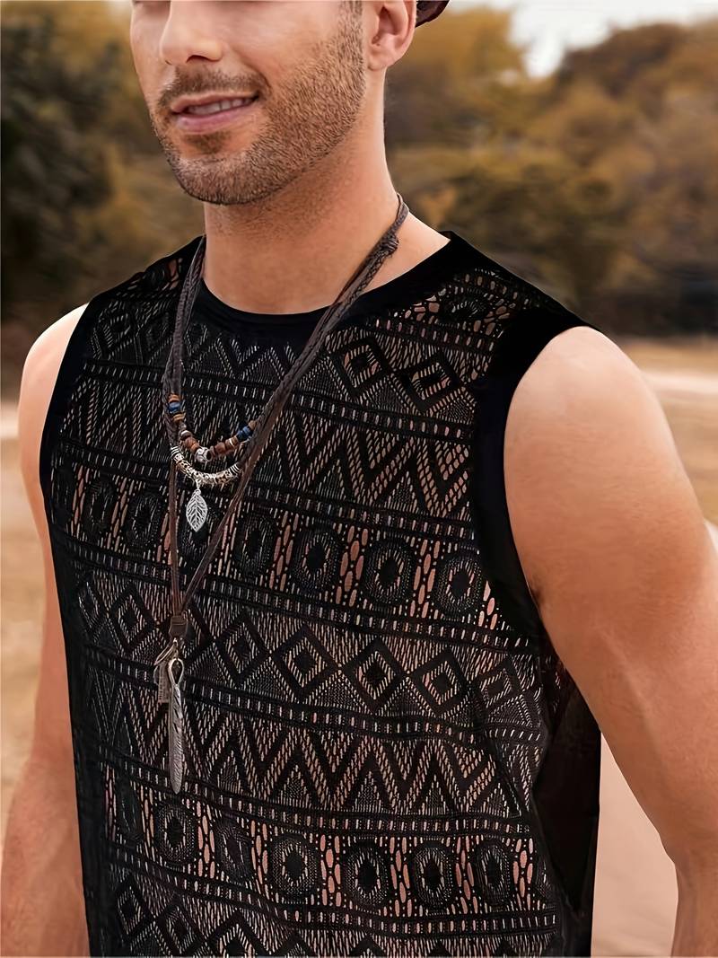 Men’s Sleeveless Lace Top - Geometric See-Through Design - Lightweight Casual Wear
