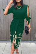 Women's Midi Dress - Short Sleeve Cut-Out - Fitted Waist - Side Slit Elegant Design