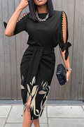 Women's Midi Dress - Short Sleeve Cut-Out - Fitted Waist - Side Slit Elegant Design