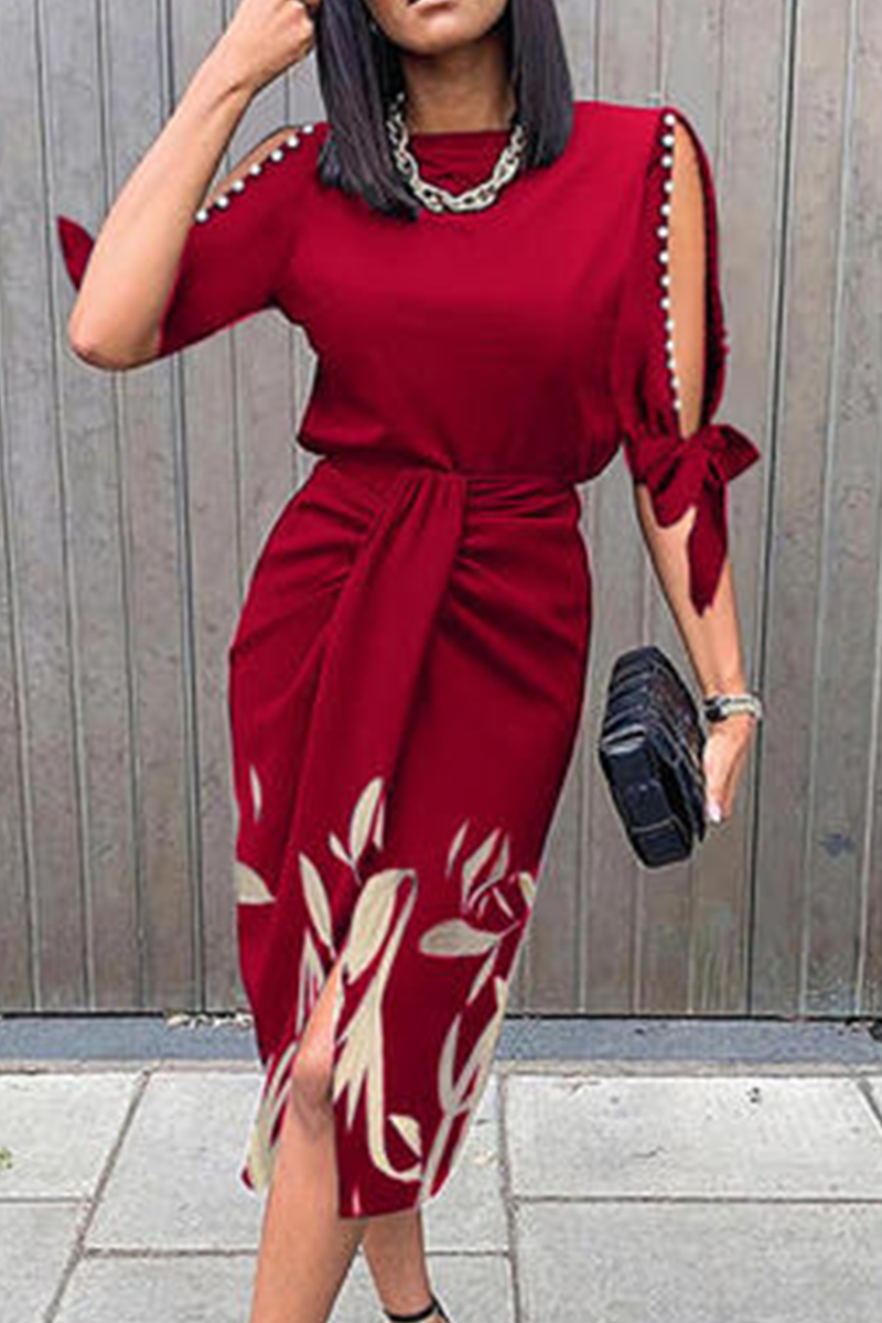 Women's Midi Dress - Short Sleeve Cut-Out - Fitted Waist - Side Slit Elegant Design