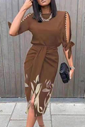 Women's Midi Dress - Short Sleeve Cut-Out - Fitted Waist - Side Slit Elegant Design