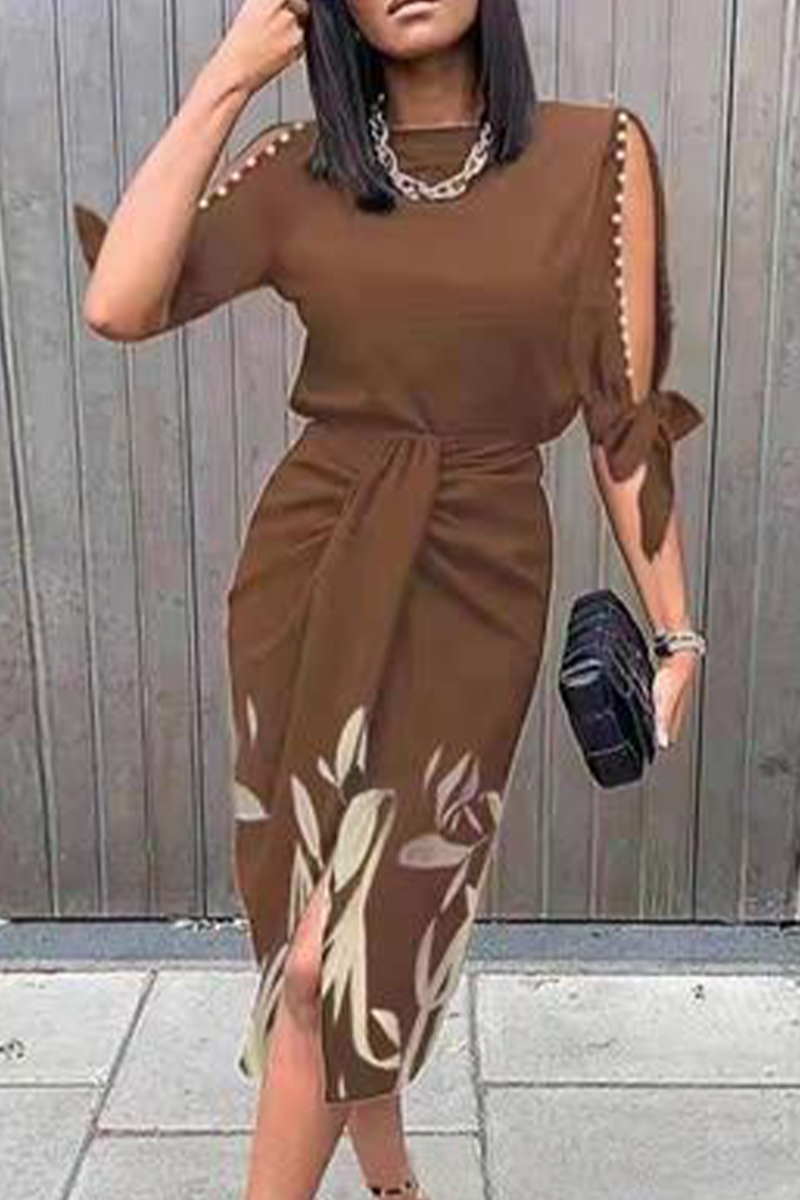 Women's Midi Dress - Short Sleeve Cut-Out - Fitted Waist - Side Slit Elegant Design