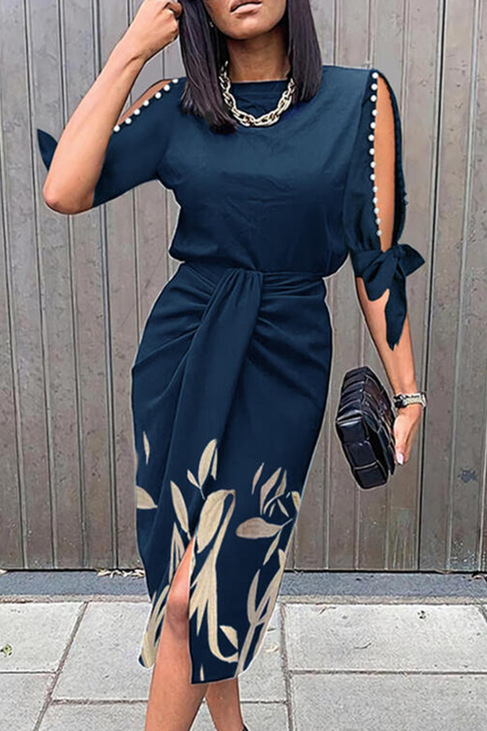 Women's Midi Dress - Short Sleeve Cut-Out - Fitted Waist - Side Slit Elegant Design
