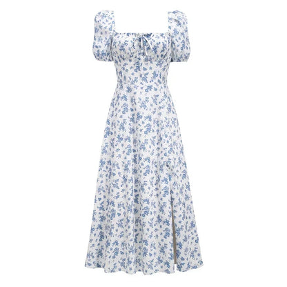 Women's Floral Dress - Square Neck - Puff Sleeve - A-Line Midi with Side Slit