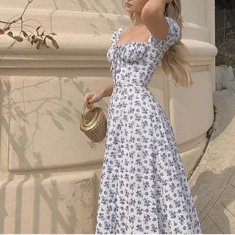 Women's Floral Dress - Square Neck - Puff Sleeve - A-Line Midi with Side Slit