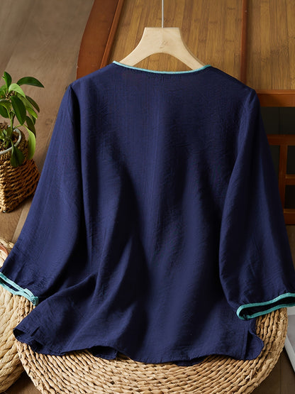 Women's - Linen Shirt - Women's 3/4 Sleeves, Pearl Buttons & Embroidery, Retro Style with Slanted Hem