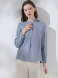 Women's - Linen Shirt - Light Blue Long-Sleeved with Split Sleeves - Elegant and Comfortable Style