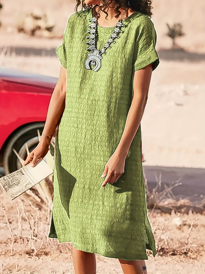 Women's Midi Dress - Loose Fit - Short Sleeve - Round Neck - Textured Breathable Fabric