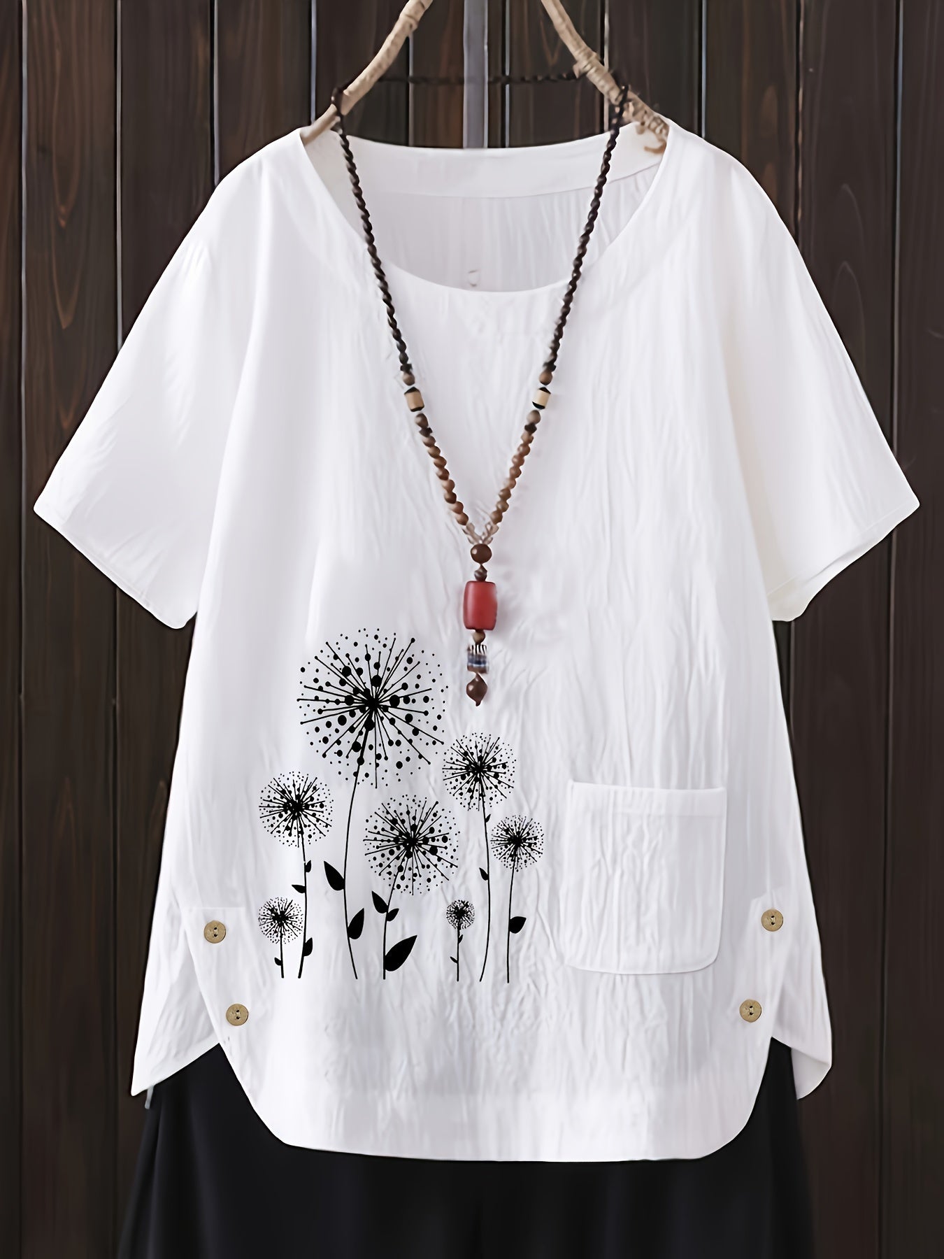 Women's - Oversized Linen Shirt - Casual Short-Sleeved Jumper with Print - Airy & Comfortable Fashion