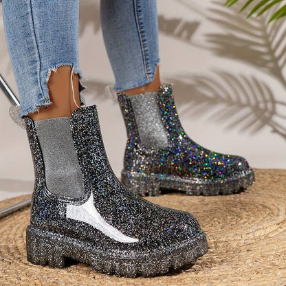 Women's Platform Ankle Boots - Glitter Finish - Chunky Heel - Lace-Up Stylish Footwear
