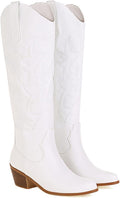 Womens Retro Tall Cowboy Boots – Embroidered Knee-High, Chunky Heel