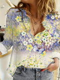Women's -  Linen Shirt - Floral Pattern, Long Sleeves & Upturned Collar - Romantic Style for Effortless Elegance