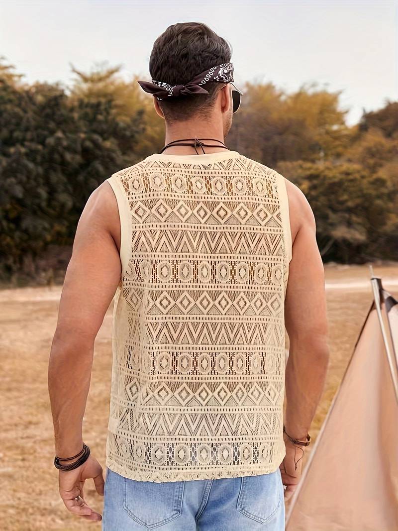 Men’s Sleeveless Lace Top - Geometric See-Through Design - Lightweight Casual Wear