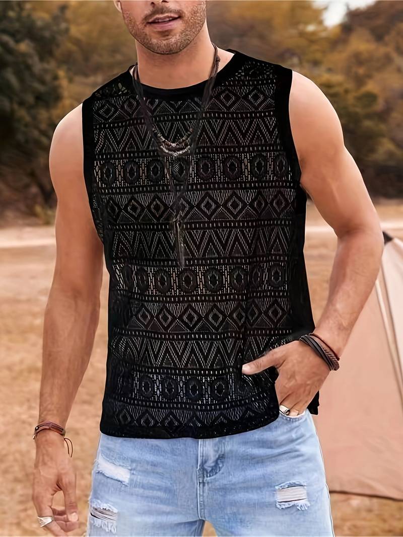 Men’s Sleeveless Lace Top - Geometric See-Through Design - Lightweight Casual Wear