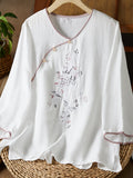 Women's - Linen Shirt - Women's 3/4 Sleeves, Pearl Buttons & Embroidery, Retro Style with Slanted Hem
