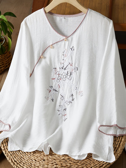 Women's - Linen Shirt - Women's 3/4 Sleeves, Pearl Buttons & Embroidery, Retro Style with Slanted Hem