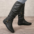 Retro Chic Pleated Knee-High Women's Boots with Buckle Detail