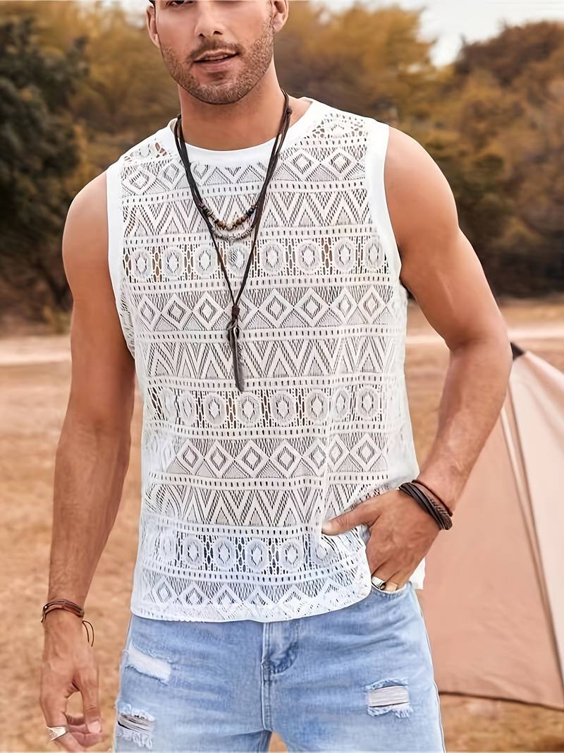 Men’s Sleeveless Lace Top - Geometric See-Through Design - Lightweight Casual Wear