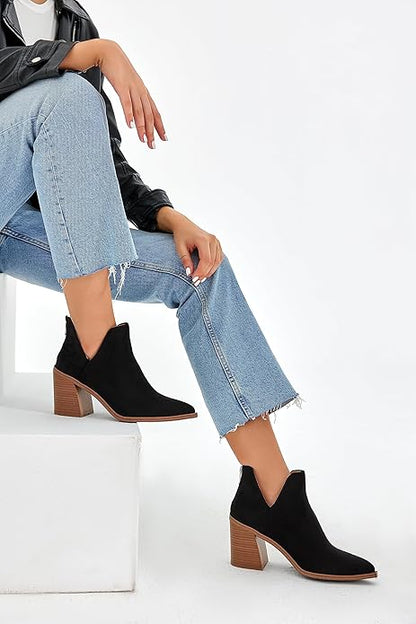 V-Cut Back Zipper Faux Leather Ankle Boots