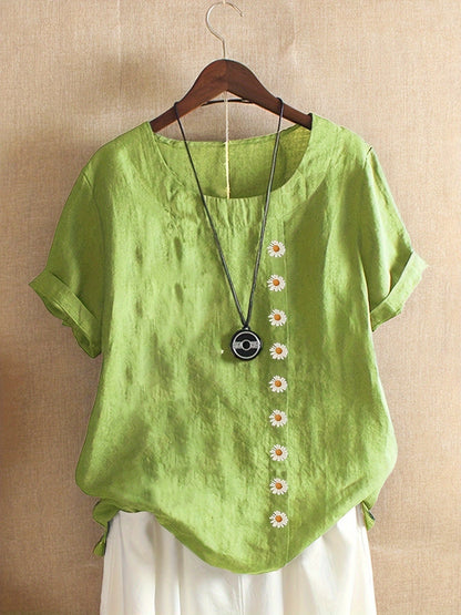 Women's - Oversized Linen Blouse - Casual Short-Sleeved Jumper Shirt with Print - Stylish Summer Top