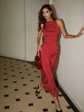 Women's Long Satin Dress - Cowl Neck - Back Cross Detail - Elegant Formal Fit
