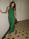 Women's Long Satin Dress - Cowl Neck - Back Cross Detail - Elegant Formal Fit