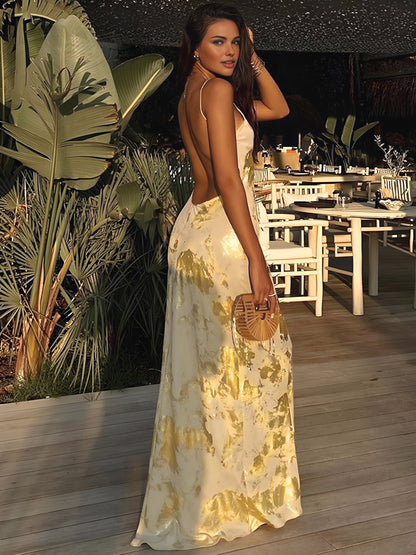 Jade - Metallic Print V-Neck Halter Maxi Dress